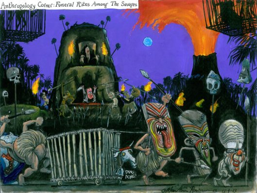 Martin Rowson's Guardian cartoon of April 13 satirises the spectacle of Baroness Thatcher's funeral, calling it as he sees it: A primitive tribal ritual.