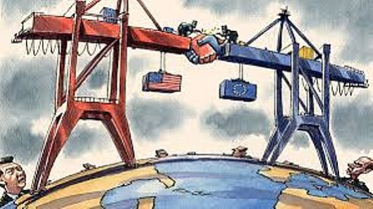 Corporate trade a-greed-ment: Notice that this image of the Transatlantic Trade and Investment Partnership has mighty corporations straddling the Atlantic while the 'little' people - the populations they are treading on - are nowhere to be seen. [Picture: FT]