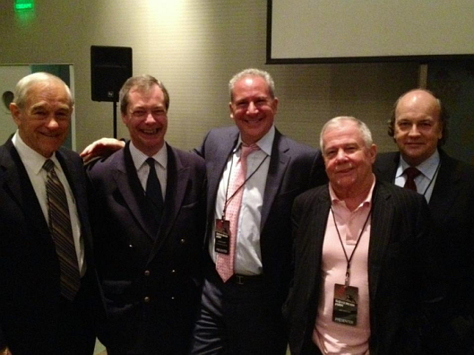Friends in right-wing places: Nigel Farage with (among others) US right-wingers Ron Paul and James Beeland Rogers Jr. [Image swiped from Pride's Purge.]
